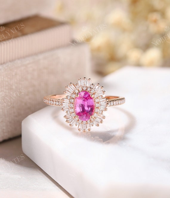 2Ct Oval-Cut Pink Sapphire And Diamond Halo Engagement Ring 14K Rose Gold Finish 2Ct Oval-Cut Pink Sapphire And Diamond Halo Engagement Ring 14K Rose Gold Finish