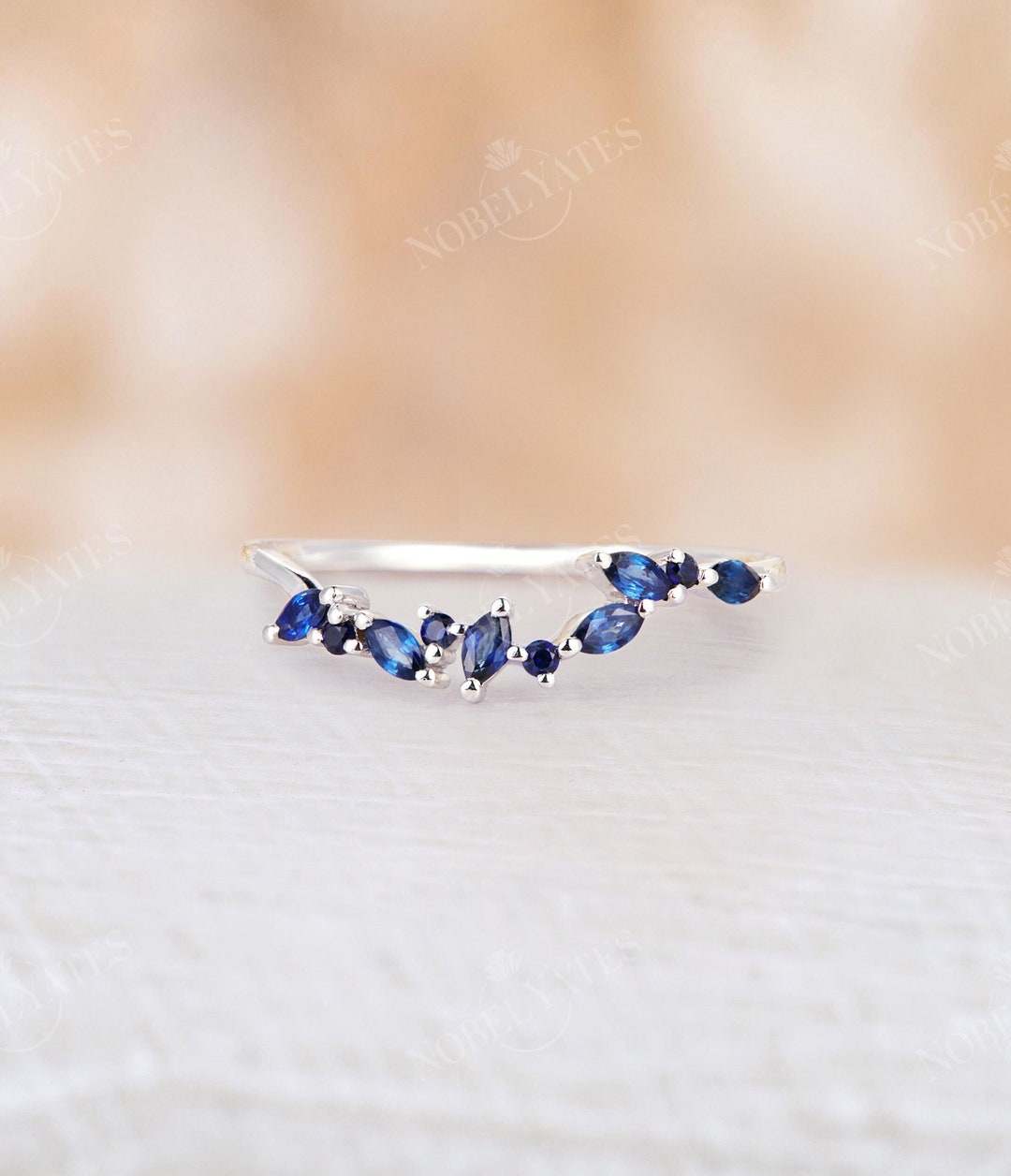 Sapphire Wedding Band Curved Unique Wedding Band Marquise Natural ...
