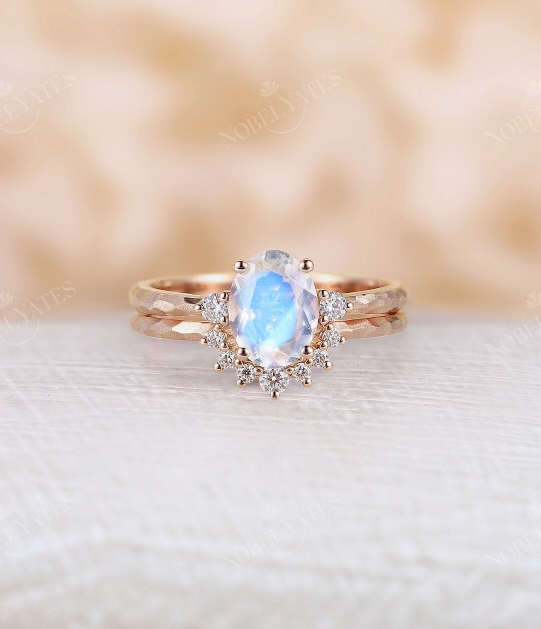 Antique Moonstone Engagement Ring Set Rose Gold Unique Hammered Design ...