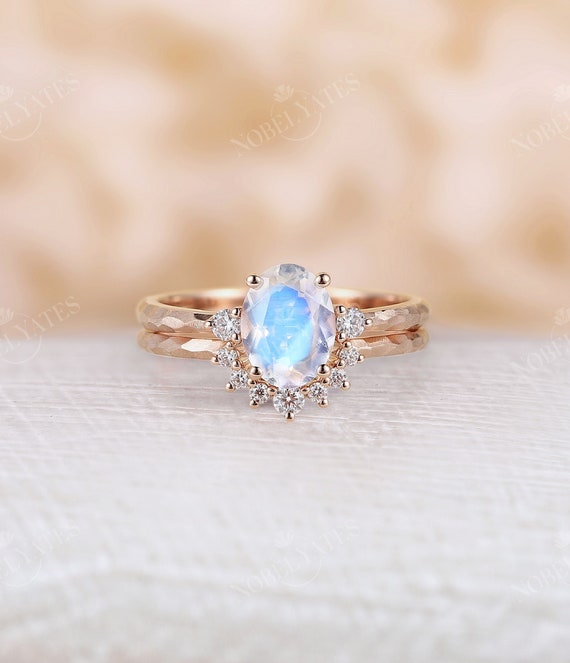 Antique Moonstone Engagement Ring Set Rose Gold Unique - Etsy