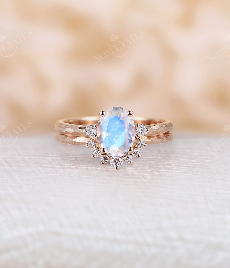 Antique Moonstone engagement ring set Rose gold Unique hammered design bridal ring moissanite curved matching wedding band Promise ring image 1