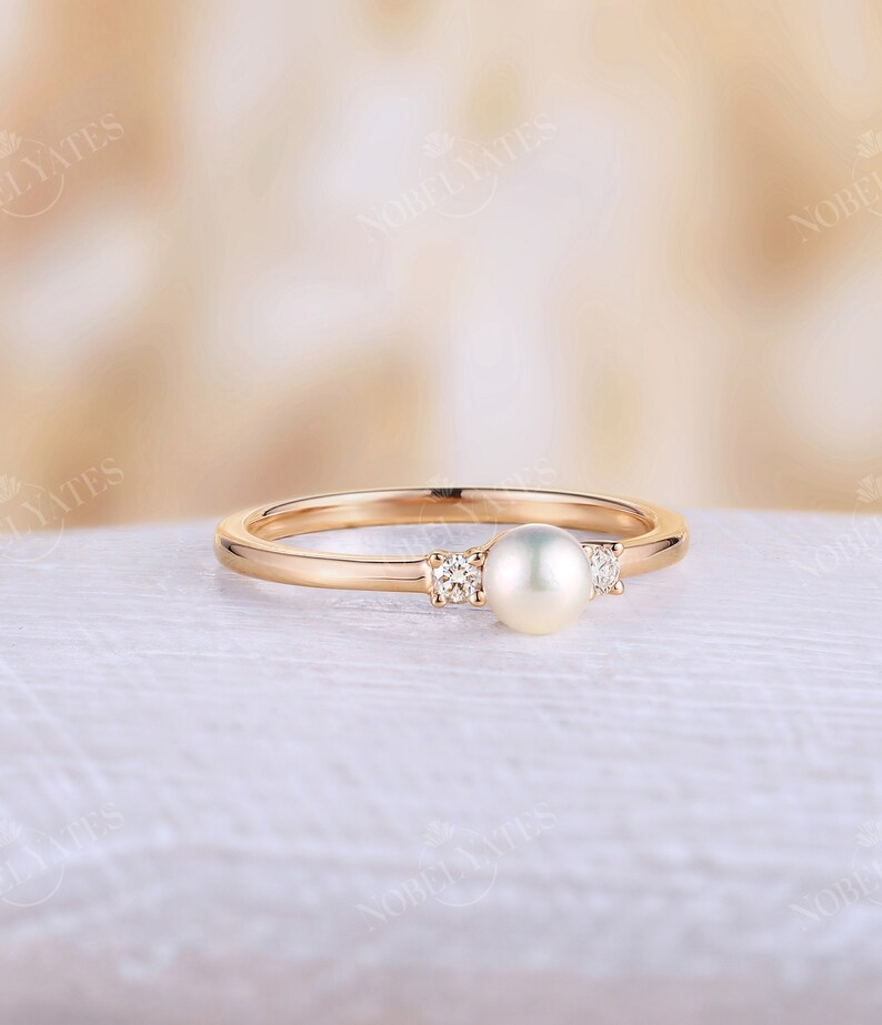 Akoya Pearl engagement ring Pearl ring rose gold Diamond wedding Dainty Three stones simple Unique art deco Anniversary promise ring image 2