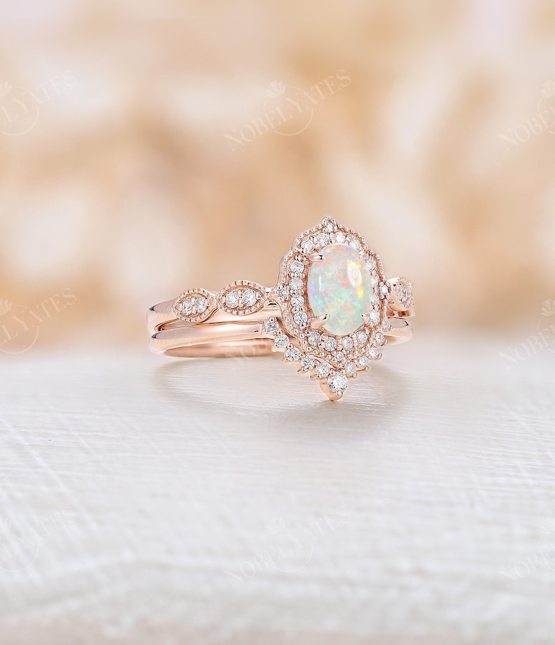Art Deco Natural Opal Engagement Ring Set Rose Gold Halo | Etsy