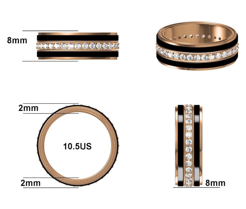 May include: A rose gold ring with a black band and a row of clear gemstones. The ring is 8mm wide and is a size 10.5 US. The ring's band is 2mm thick.