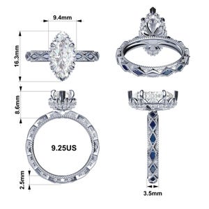 May include: Detailed illustration of a marquise-cut engagement ring. The ring features a central gemstone, intricate filigree detailing, and blue accent stones. The ring is 16.3mm long, 9.4mm wide, and 8.6mm high. The band size is 9.25US, and the band is 2.5mm wide.