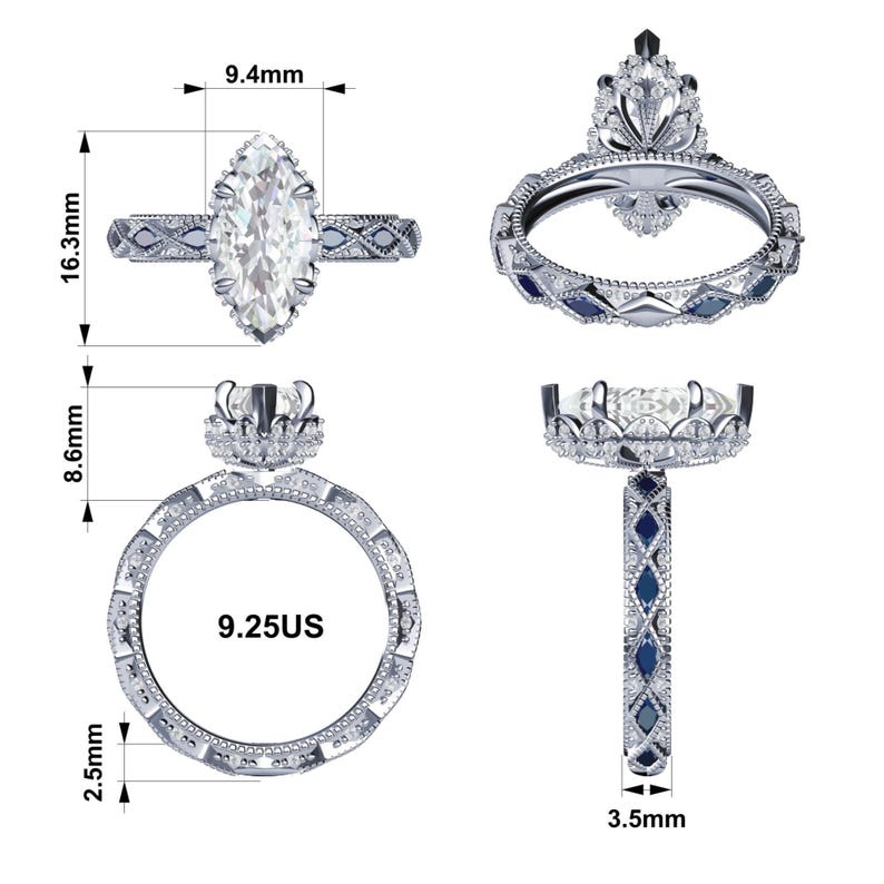 May include: Detailed illustration of a marquise-cut engagement ring. The ring features a central gemstone, intricate filigree detailing, and blue accent stones. The ring is 16.3mm long, 9.4mm wide, and 8.6mm high. The band size is 9.25US, and the band is 2.5mm wide.