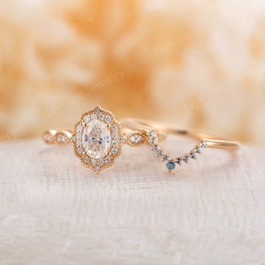 Antique Moissanite engagement ring oval cut vintage diamond halo wedding ring yellow gold half eternity bridal set unique Topaz Anniversary image 4