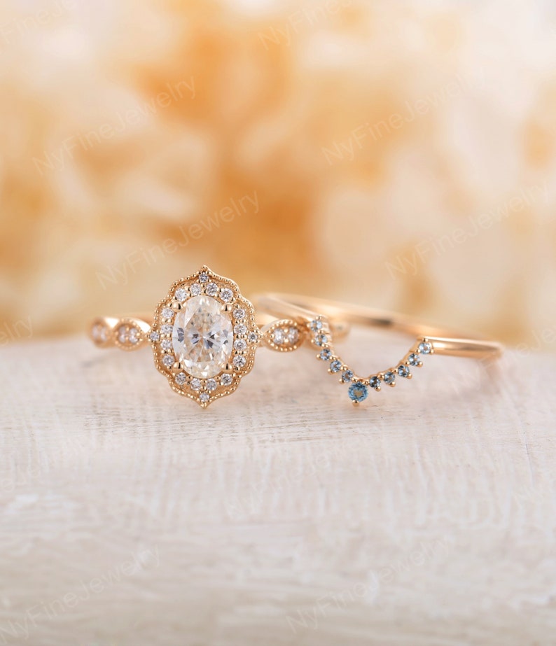 Antique Moissanite engagement ring oval cut vintage diamond halo wedding ring yellow gold half eternity bridal set unique Topaz Anniversary image 4