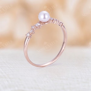 Vintage Akoya Pearl engagement Ring Rose Gold Delicate pearl wedding ring Unique Diamond cluster Bridal ring Promise Anniversary ring image 6