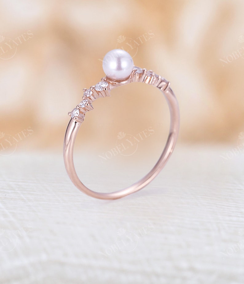 Vintage Akoya Pearl engagement Ring Rose Gold Delicate pearl wedding ring Unique Diamond cluster Bridal ring Promise Anniversary ring image 6