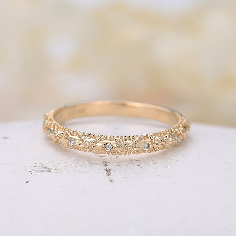 Vintage Diamond moissanite wedding band art deco half eternity bridal straight band yellow gold stacking matching ring bridal Milgrain band image 3