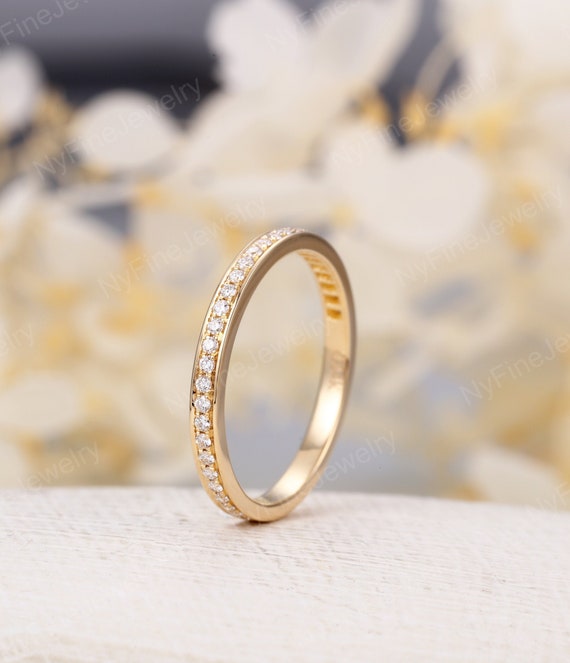 Vintage Yellow gold wedding band diamond ring bridal half eternity band  stacking Channel dainty straight matching promise anniversary