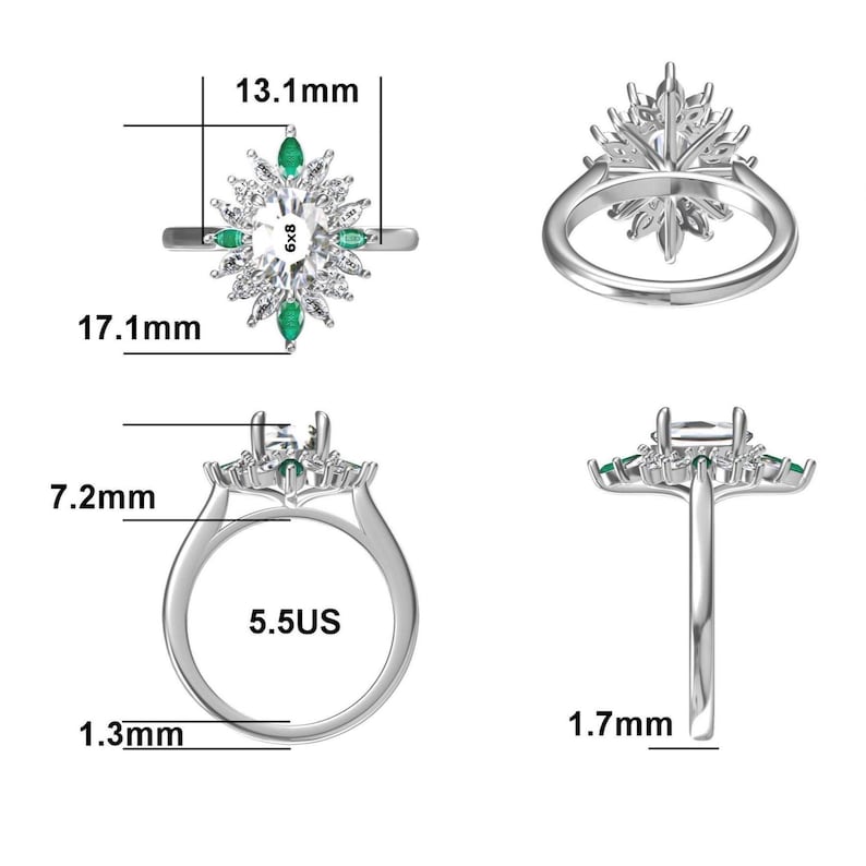 May include: A silver ring with a central clear stone, surrounded by smaller clear and green stones in a starburst design. The ring's dimensions are shown, including a 13.1mm width and a 17.1mm length. The ring size is 5.5 US.