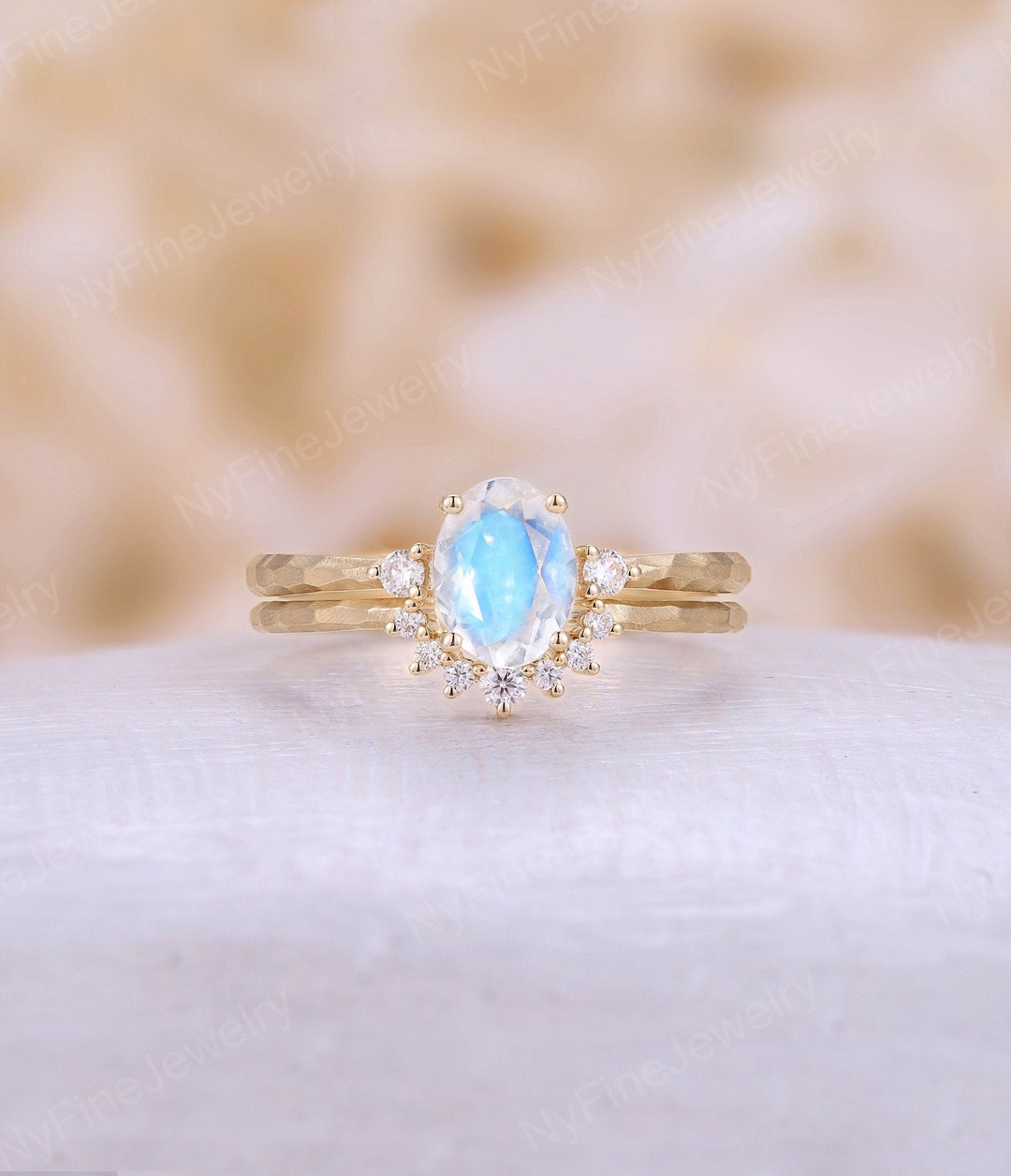 Oval Cut Moonstone Engagement Ring Set Yellow Gold Hammered Band Unique ...