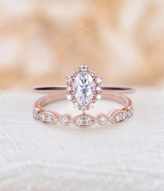 Moissanite engagement ring set Art Deco Vintage ring set Oval cut rose gold diamond ring halo ring wedding band Bridal Anniversary ring