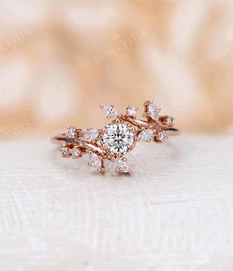 Vintage diamond engagement ring rose gold cluster band Unique leaf engagement ring Round cut ring art deco bridal ring Anniversary ring image 4
