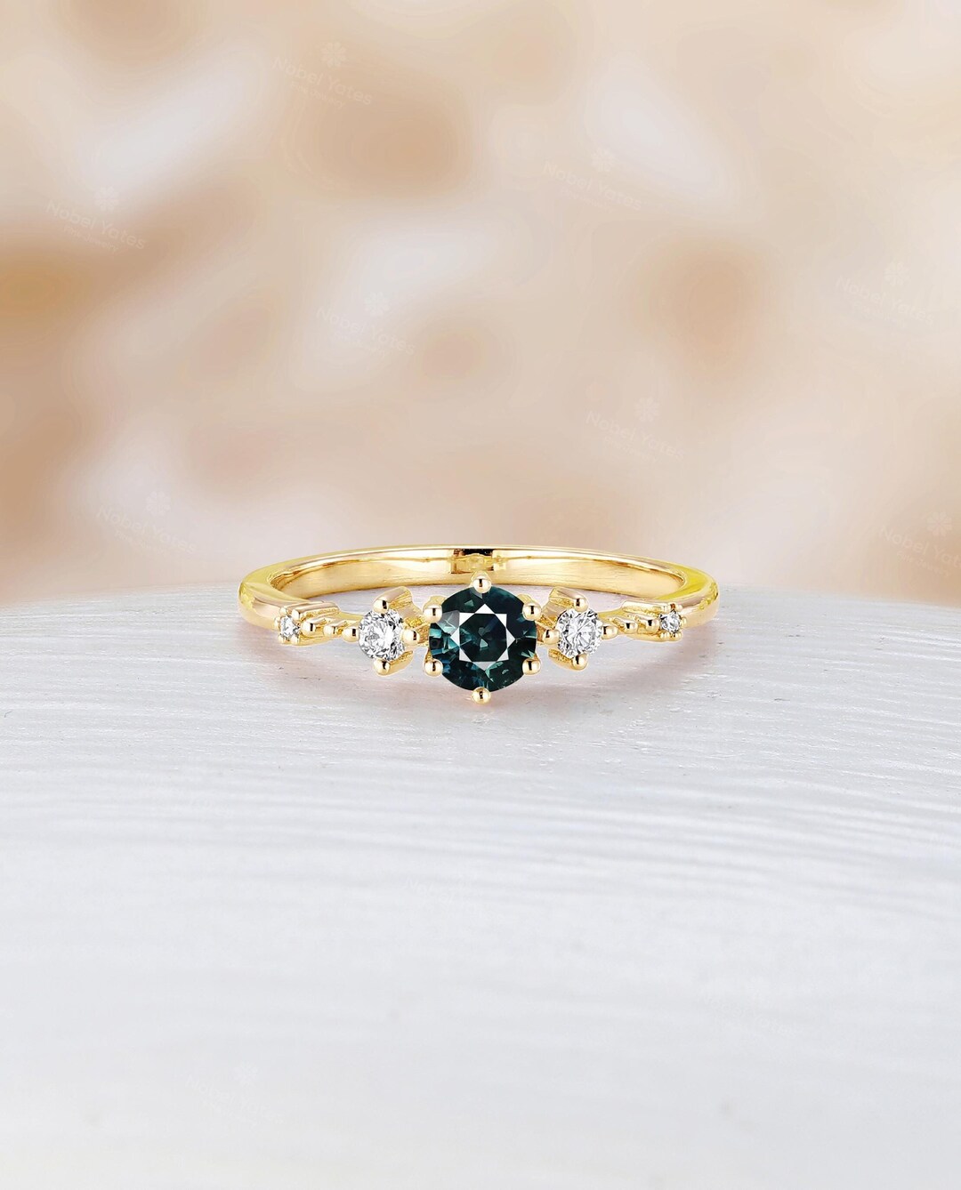 Delicate Round Teal Sapphire Engagement Ring, 18K Yellow