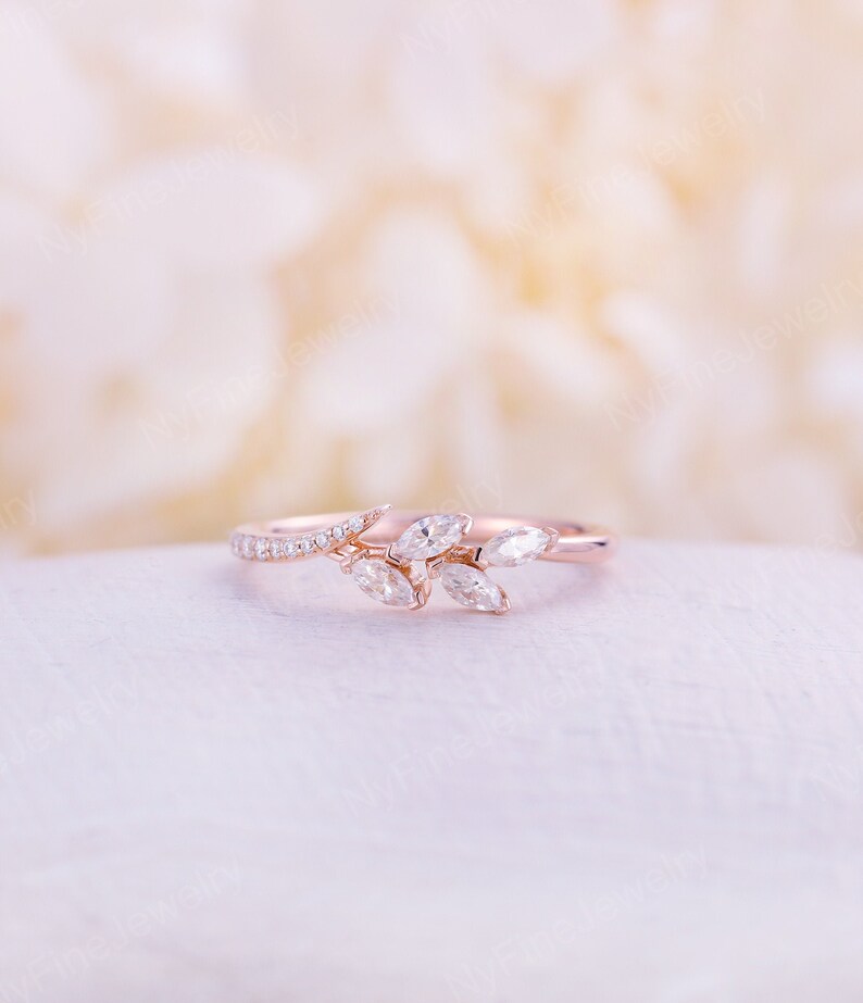 Yellow Gold Wedding Band Art Deco Diamond marquise white sapphire moissanite half eternity band Dainty Stacking Bridal set Anniversary gift