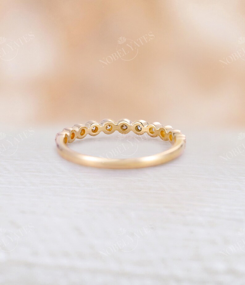 Vintage yellow gold wedding band half eternity band Moissanite ring Delicate stacking Bridal matching milgrain band promise anniversary image 4