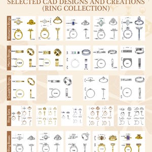 May include: A catalog of ring designs, including women's rings, men's rings, couple's rings, ring sets, and ring bases. The designs showcase various styles, from classic bands to intricate settings with gemstones. Measurements are provided in inches and millimeters.