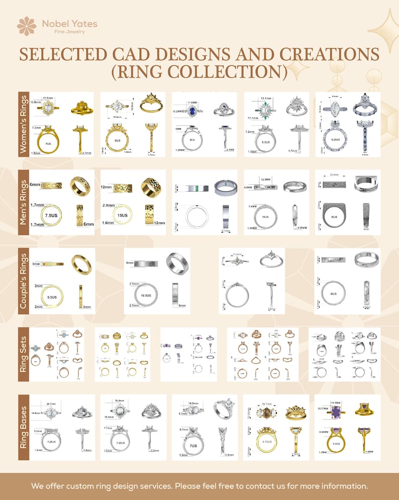 May include: A catalog of ring designs, including women's rings, men's rings, couple's rings, ring sets, and ring bases. The designs showcase various styles, from classic bands to intricate settings with gemstones. Measurements are provided in inches and millimeters.