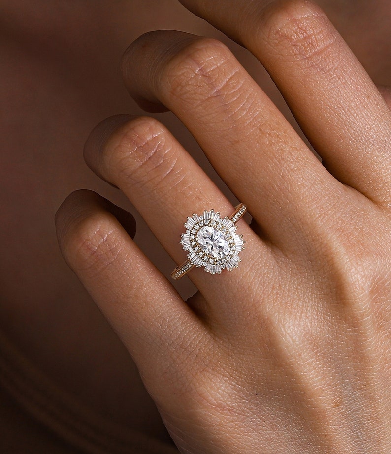 Art Deco Oval Diamond Engagement Ring, Double Halo Diamond Wedding Ring, Half Eternity Ring, 18K Gold Ring, Moissanite Bridal Ring for Women