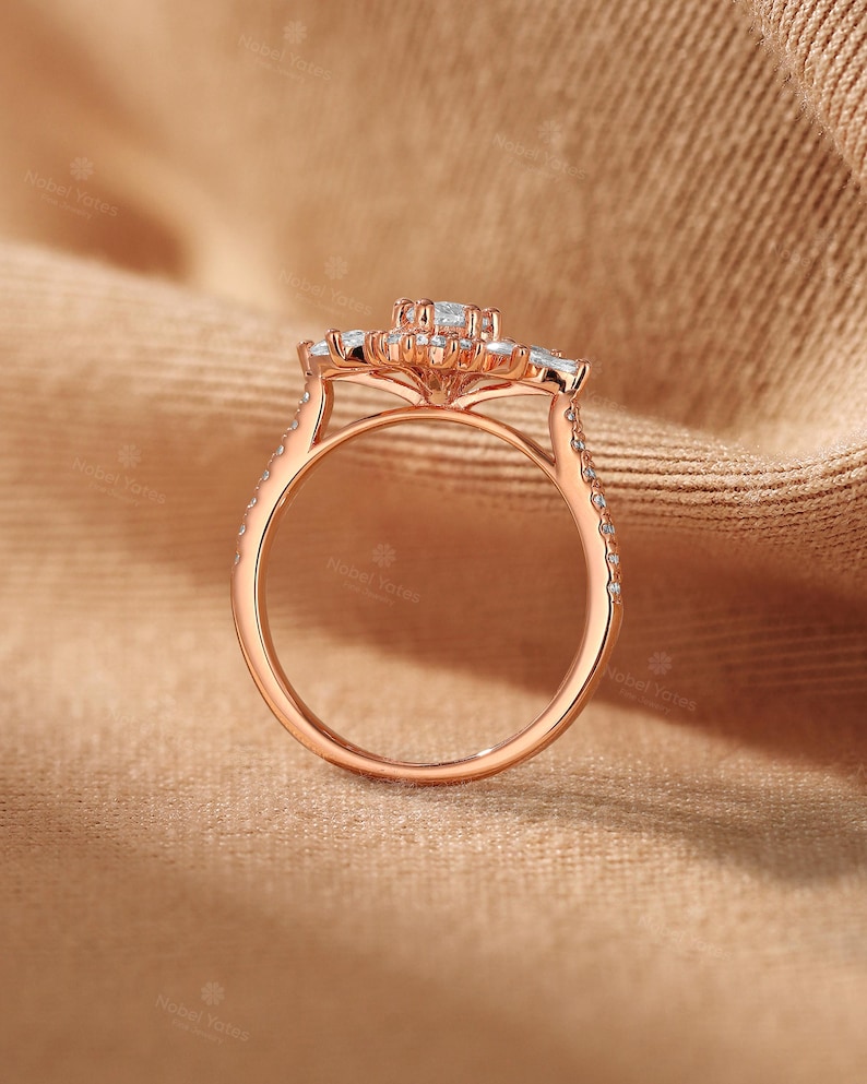 Vintage Marquise Lab-Grown Diamond Engagement Ring Set,Half Eternity Wedding Ring Set,2Pcs 18K Gold Ring,Halo Floral Design Ring Fiancé Ring image 9