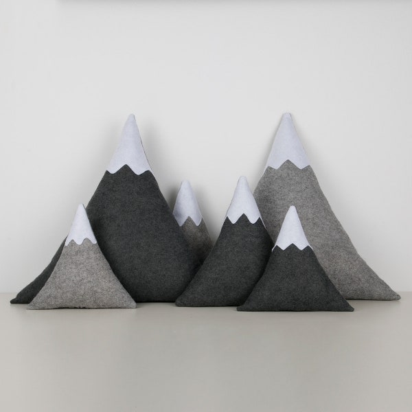 Mountain Cushion, Snowy Mountain Felt Pillow, Grey Decorative Room Cushion, Children’s Adventure Themed Nursery Decor, Scandi, Monochrome