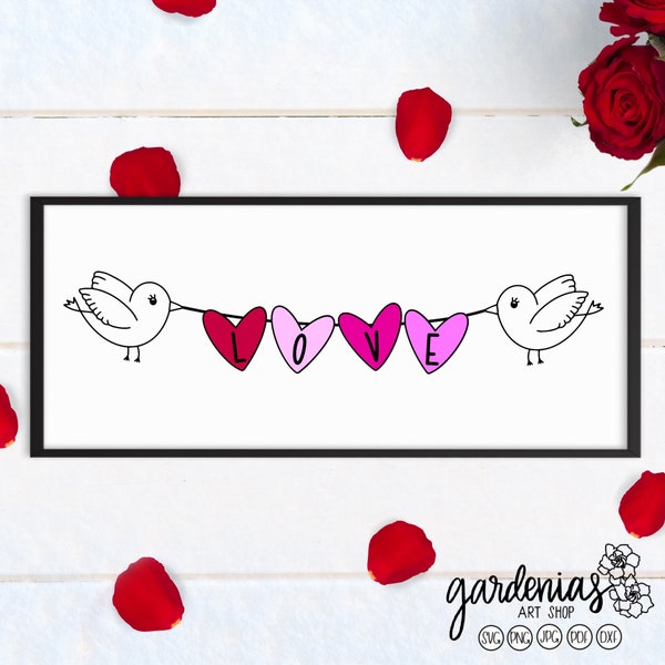 Love Birds Banner SVG, Valentine's Cut File, Wedding SVG, Love Banner Cut File, Heart Banner Clip Art, Birds Holding Banner, String Hearts