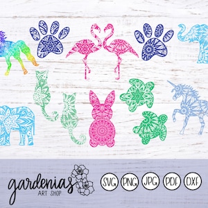 May include: A set of 10 digital cut files featuring various animals and paw prints with a mandala design. The animals include a unicorn, elephant, flamingo, cat, bunny, and turtle. The files are available in SVG, PNG, JPG, PDF, and DXF formats.