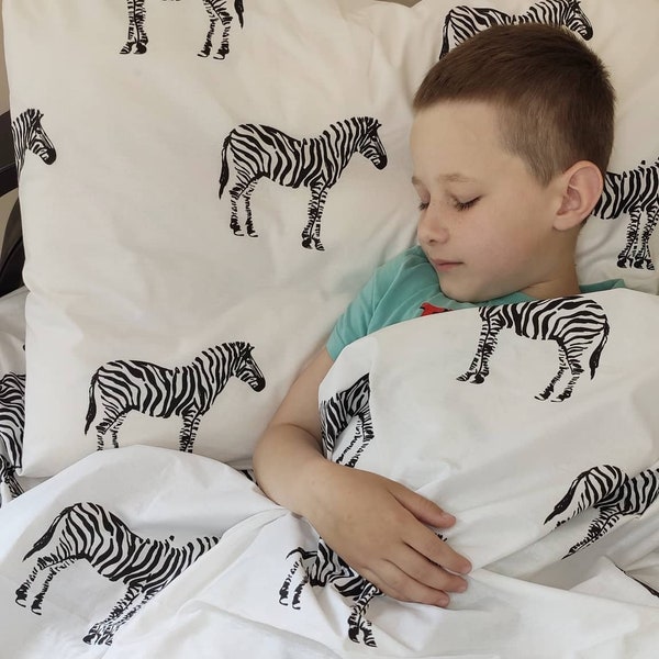 Zebra bedding set, zebra print cot bed, zebra toddler set,  zebra animals cotton pillowcases, zebra kids bedding set