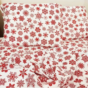 Red snowflakes flannel bedding, white flannel snowflakes pillowcases, Christmas pillowcase, winter snowflake pillowcases, flannel linen