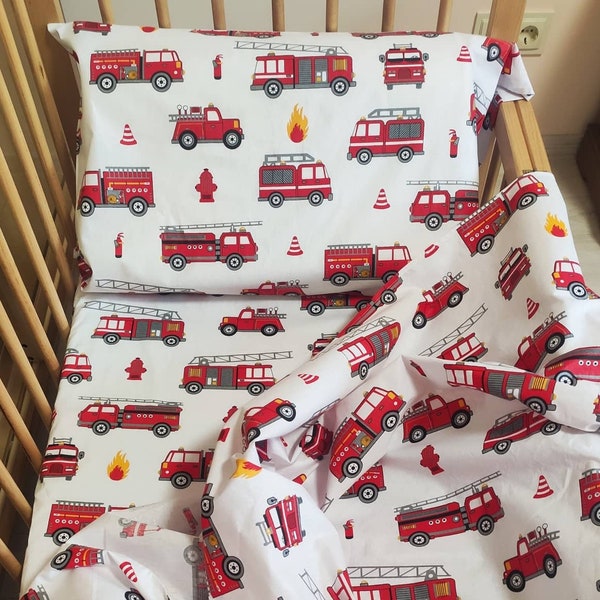 Pillowcase firetrucks for boy, crib bedding fire truck, Toddler set firetrucks cars, cot bed firetruck, King Queen pillow cases