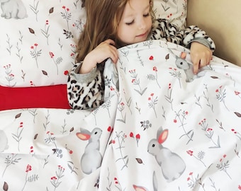 Rabbit pillowcase, bunny rabbit kids set, hare bunny toddler set, rabbit Twin set, rabbit comforter, bunny duvet