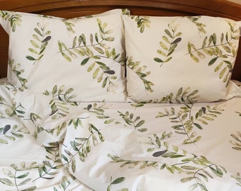 Olive leaves bedding set, olive leaves full set, green leaves twin size set, olive leaves cotton pillowcases, floral print bedding set