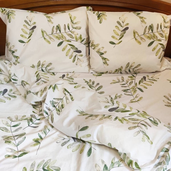 Olive leaves bedding set, olive leaves full set, green leaves twin size set, olive leaves cotton pillowcases, floral print bedding set