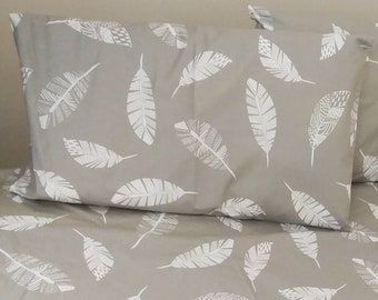 Cotton grey bedding set, white and gray bird feathers pillowcase sheet, cotton pillowcases, fitted flat sheet set, Standard Queen King size