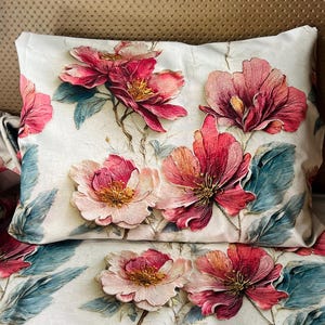 Juego de ropa de cama floral de algodón turco con hibisco rojo en acuarela, funda nórdica roja, ropa de cama botánica de lujo, dormitorio estilo cottagecore, cama queen/king.