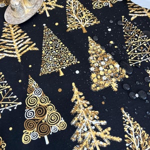 Mantel navideño dorado con forma de árbol, manteles individuales navideños impermeables negros, camino de mesa navideño, mantel para regalos de Navidad.