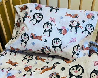 Ropa de cama para niños de pingüino rosa, sábana para niños pequeños de pingüino, sábana de cuna de pingüino, fundas de almohada de pingüino