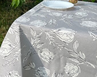Waterproof tablecloth cream cotton flowers on grey background