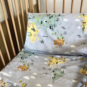 Graue Landkarte Kleinkind Kissenbezug, graue Landkarte Kleinkind-Set, blaue Kinderbett Bettwäsche, graue Kinder Bettwäsche, Baby Bettwäsche Set