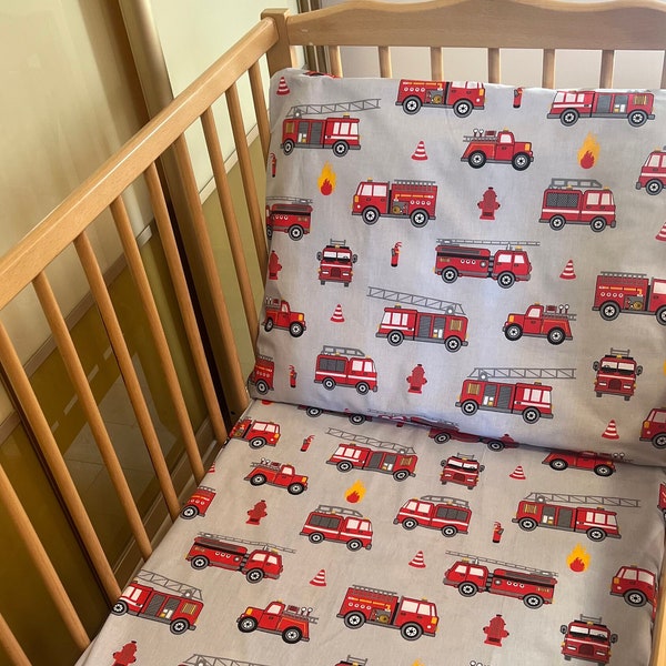 Grey firetrucks pillowcase, boy crib bedding fire truck, Toddler set firetrucks cars, cot bed firetruck, King Queen pillow cases