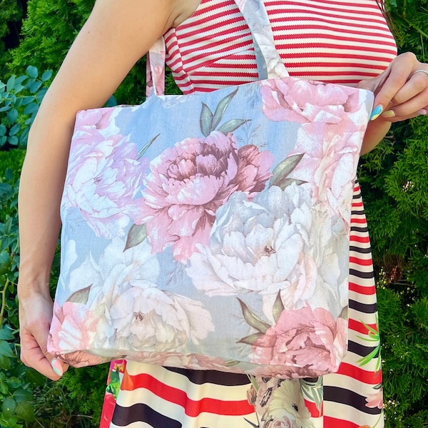 Peonies bag, big shopper peonies bag, washable tote bag, waterproof bag, shopper tote bag, shopper handbags bag, flowers bag, tote bag