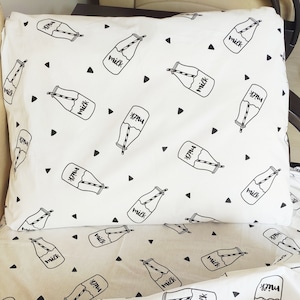 Milk bottle pillowcase, white bedding set, milk kids toddler set, milk kids twin set, milk full set, milk Queen king set, kids bedding