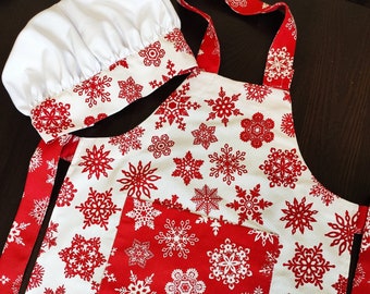 Christmas kids apron and chef hat set, snowflakes apron, Christmas apron for girls, Christmas chef hat set