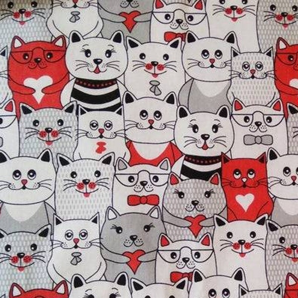 Red cats cotton fabric, Fat quarters red cats, gray red cats fabric by the yard, cotton red cats by the yard