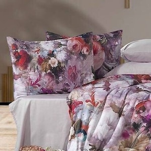Big flowers satin pillowcases, dark flowers satin bedding sheets, satin roses bedding set, flowers pillowcases, flowers bed linens