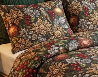 Moody Christmas Flannel Bedding Set, Forest Green Gold Luxury Holiday Duvet Cover King Queen, 100% Turkish Cotton Winter Sheets, Xmas Gift
