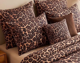 Brown Leopard Print Bedding Set, 100% Turkish Cotton Ranforce, Animal Print Duvet Cover Sheets, Brown Gold or Gray Leopard Bedding set